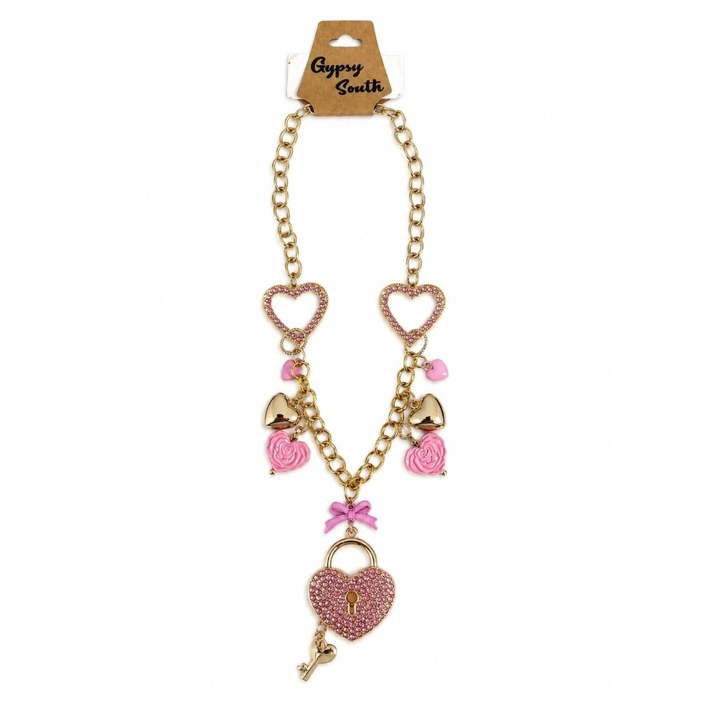 Gypsy South To My Valentine Pink Heart Lock Charm Necklace NWT
